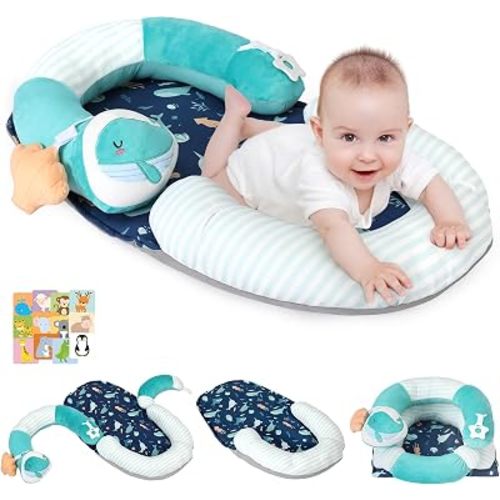 4 in 1 Tummy Time Mat with Educational Cards, Play Mat & Sitting Support for Newborn 0-12 Months, Infant Baby Sit Me Up Floor Seat, Sensory Skills Gifts, Green Whale