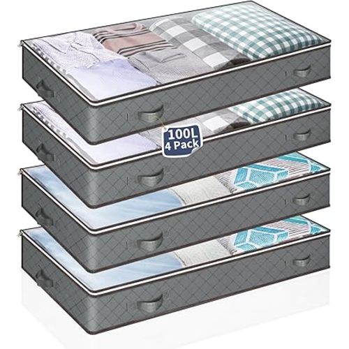 Under Bed Storage Bags, 4 Pack 100L Underbed Storage Bins with Reinforced Handles, Non-woven Clothes Organizer Soft Containers for Blanket, Pillows, Comforters, Sheets and Wrapping Paper