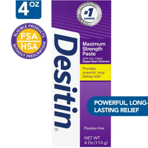 Desitin Maximum Strength Baby Diaper Rash Cream with 40% Zinc Oxide for Treatment, Relief & Prevention, Hypoallergenic, Phthalate- & Paraben-Free Paste, 4 oz
