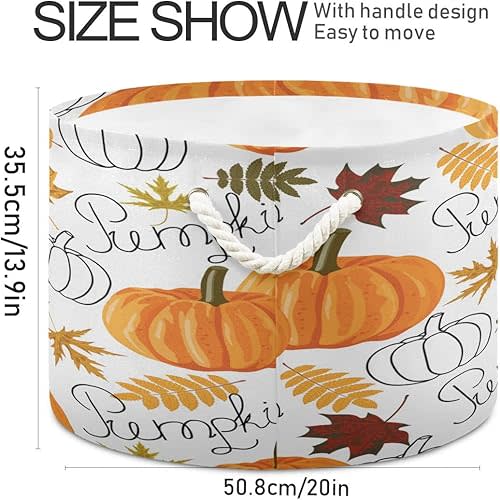 SUABO Pumpkin Leaf Fall Autumn Round Basket Storage Bin,Laundry Hamper Collapsible Nursery Hamper Bin with Handle for Clothes Toys Books Home Decor