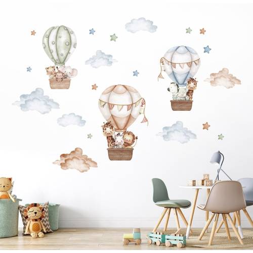Watercolor Air Balloons and Animals Wall Decal, Hot Air Balloons Jungle Safari Animals Wall Decal Sticker, Kids Nursery Baby Room Decor