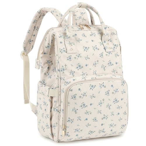 Corduroy Diaper Bag Backpack for Mom, Large Capacity Travel Nappy Bag for Baby Girls & Boys with Stroller Straps (Corduroy Floral Blue)