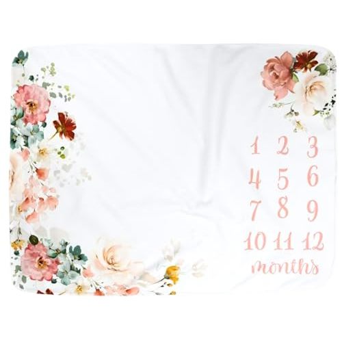 Baby Monthly Milestone Blanket for Baby Girl - Floral Watercolor Design, 1-12 Months Photo Background Prop, Soft Fleece Newborn Blanket for Monthly Growth Record, Ideal