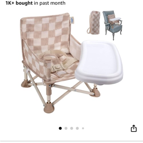 Tiny Marvels Portable 3-in-1 Baby Chair, Cozy Booster Seat, Baby Seat with Tray, Compact Foldable, Toddler Chair with Child Safety Belt Carry Bag, Perfect for Travel (Sand Checker)