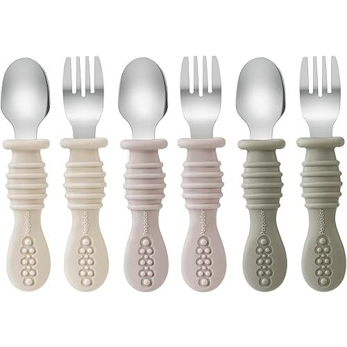 PandaEar 6 Pack Toddler Fork and Spoon Utensil Set, Baby Silicone Stainless Steel Silverware Spoon Fork for Babies Kids, BPA Free (Walnut&Linen&Brown)