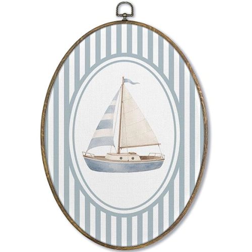 Fewgb Vintage Sailboat Nursery Oval Wall Art Decor, Coastal Nautical Beach Canvas Wall Art Framed Prints for Baby Toddler Kids Room Playroom Bedroom, Boat Ship Hanging Room Decor Picture Artwork 9x12