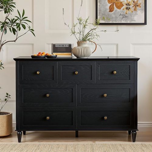 Black 7 Drawer Dresser, Double Dressers Chests with Vintage Handles, Solid Wood Chest of Drawers, Long Dresser TV Stand for Bedroom, Modern Storage Cabinet for Living Room & Nursery