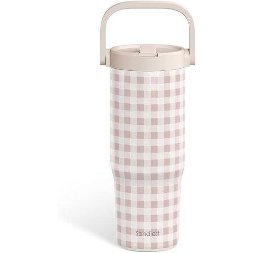 SANDJEST Gingham Skin Stainless Steel Straw Lid Tumbler 30oz with Carry Handle for Women Girls, Insulated Travel Coffee Cup for Sports Outdoor Workout Christmas Birthday (Ash)