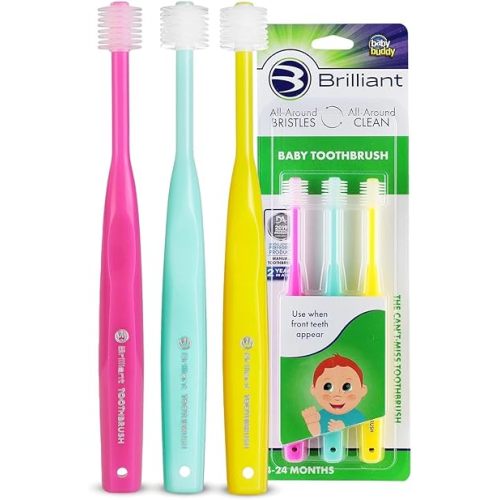 Brilliant Oral Care Baby Toothbrush with Soft Bristles and Round Head, for a Toddler Approved, Easy to Use All-Around Clean Mouth, Ages 0-2 Years, Pink Mint Yellow, 3 Pack