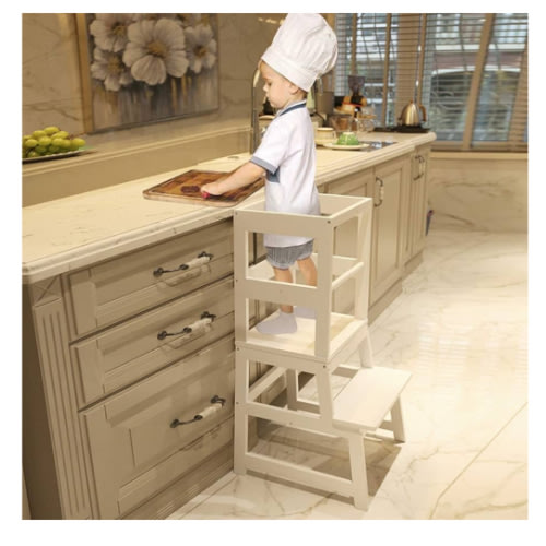 Kitchen Step Stool for Toddlers with Non-Slip Mat, WOOD CITY Wooden Kids Montessori Learning Stool Tower, Toddler Standing Tower Helper for Kitchen Counter and Bathroom Sink(White)