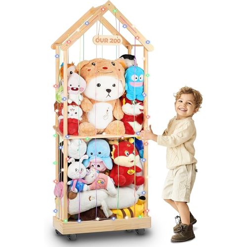 Stuffed Animal Storage Zoo Storage Wood DIY Toy Organizer w/360° Swivel Wheels for All Kinds of Stuffed Toy Animal Storage Cage w/Colorful Elastic Ropes and String Lights for Playroom Bedroom Nursery