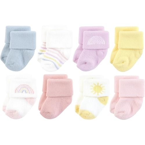 Hudson Baby Baby Infant Girl Cotton Rich Newborn and Terry Socks, Pastel Sun and Rainbow, 0-6 Months, Pink
