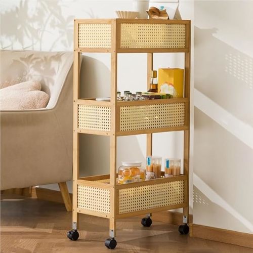 Bamboo 3 Tier Storage Carts with Wheels, Lockable Slim Bathroom Cart Organizer, Rolling Cart Storage Shelf, Snack Cart, Kitchen Shelves for Narrow Places(Natural,50cm-19.7in)