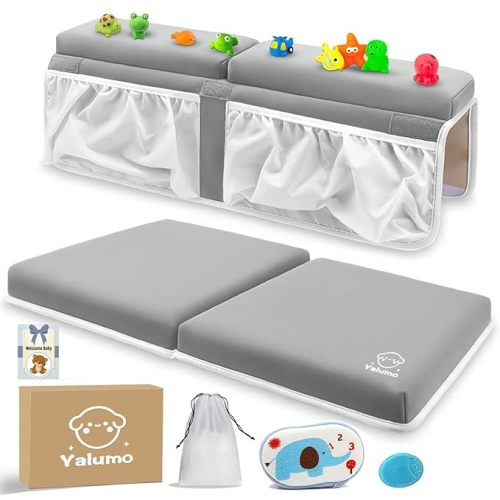 Bath Kneeler and Elbow Rest Pad Set for Baby Bathtub, Thick Non-Slip Bathing Kneeling Mat Cushion Quick Drying Bathtub Knee Saver with Arm Support and Pockets for Bathroom Bathing time Comfort, Gray