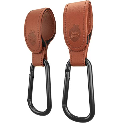 Baby Uma Baby Stroller Hooks - 2-Pack of Leather-Style Stroller Accessories, Non-Slip Stroller Clips, Carry 11 lbs per Stroller Bag Hook, Universal Velcro Hooks, 2 x Stroller Carabiner Clip (Camel)