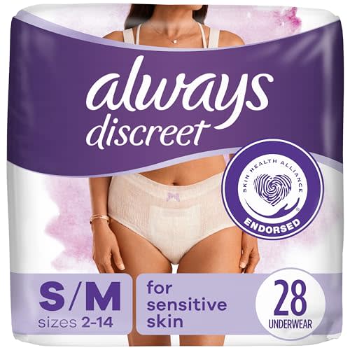 Always Discreet Sensitive, Incontinence & Postpartum Underwear for Women, Maximum Plus Protection, Small/Medium, 28 Count