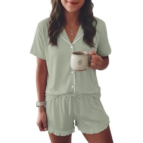 Ekouaer Womens Pajama Sets Button Down Cute Ruffled Pjs Set Sleepwear