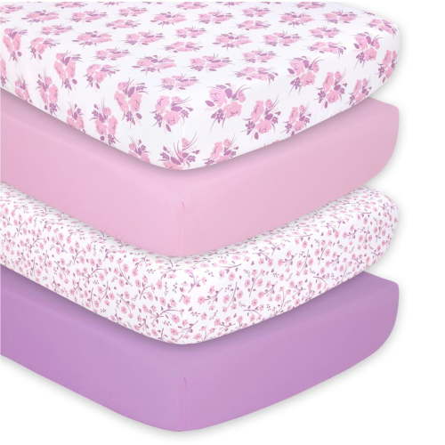 The Peanutshell Standard Nursery Fitted Crib Sheets for Baby Girls, 4 Pack Set, Pink and Purple Floral