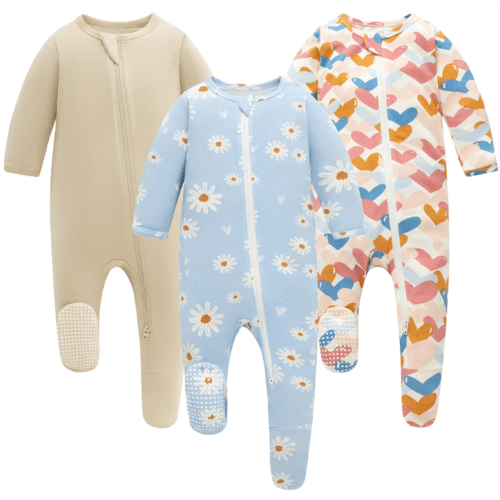 Bamboo Long Sleeve Zip Footed Pajamas 3Pack - Beige/Colorful Heart/Dai – Owlivia