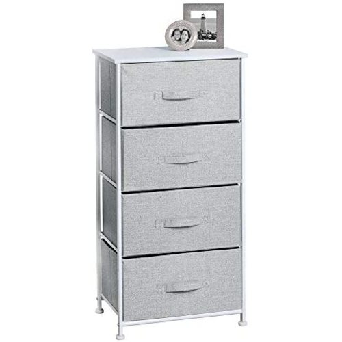 Closet Storage Dresser Furniture Unit - Tall Standing Organizer Tower for Bedroom, Office, Living Room, and Closet - 4 Drawer Removable Fabric Bins - Gray/White