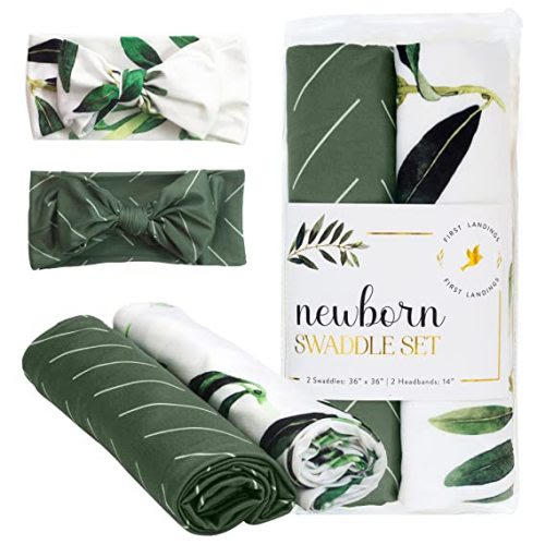 First Landings Newborn Swaddle Set - Matching Headband and Baby Blanket (Set of 2 Each) 36" x 36" Receiving Baby Blanket (Olive)
