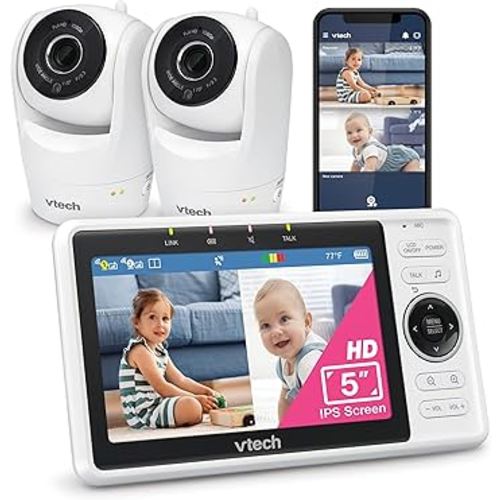 VTech Upgraded 2-Cameras Smart WiFi Baby Monitor with 1080p FHD Video and 5" HD Screen, Free App with Motion Video, Sound/Motion Detection and Notifications, Split-Screen, Pan-Tilt-Zoom: VM901-2HD