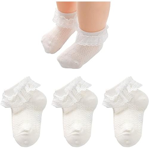 3 Pairs Baby Girl Socks Infant Toddler Ruffle Eyelet Lace Socks Seamless Princess Frilly Knit Sock for Kids (US, Age, 1 Year, 3 Years, White - 5pairs)