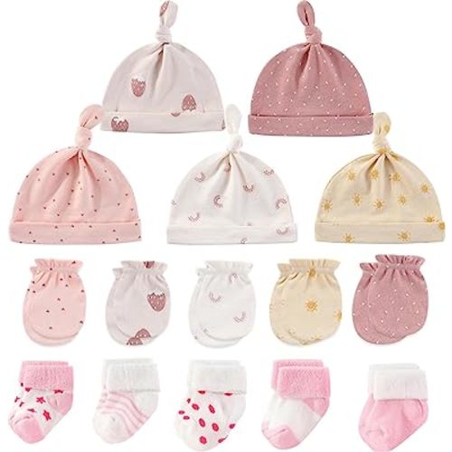 Baby Caps Mittens and Thick Warm Socks Cotton Newborn Essentials Accessories (Hats+Gloves+Terry Socks),0-6 Months