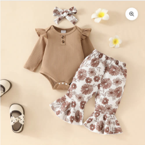 3PCS Pretty Floral Printed Ruffled Flare Pants Baby Set