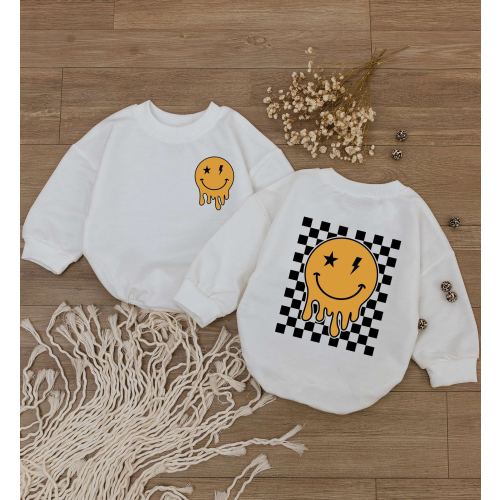 Smiley Face Baby Romper, Happy Face Bodysuit, Checkered Sweatshirt kid, Cute kids Outfit, Retro Shirt, Baby Shower Gift, Newborn Clothes