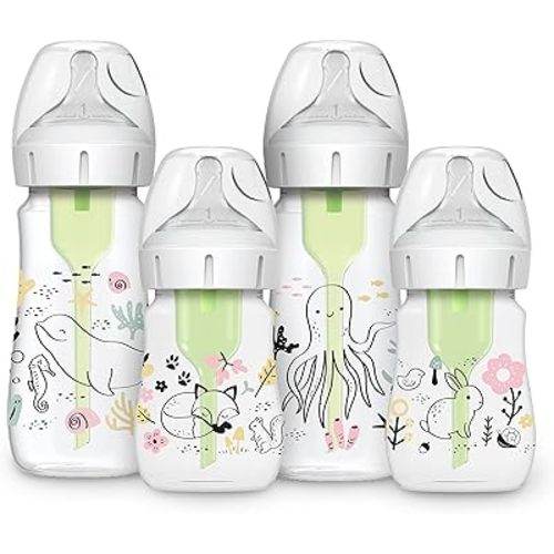 Dr. Brown’s Natural Flow® Anti-Colic Options+™ Wide-Neck Baby Bottle Designer Edition Bottles, Ocean and Woodland Design, 9 oz and 5oz, Level 1 Nipple, 4-Pack, 0m+