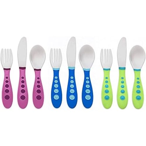 First Essentials by NUK Kiddy Cutlery 9 Piece Spoon Set-Green, Purple & Blue