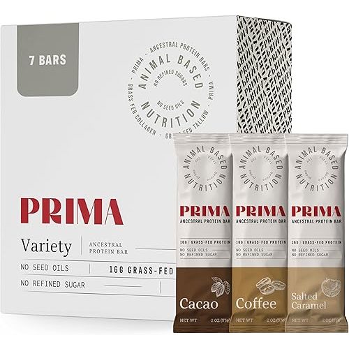 PRIMA Grass Fed Protein Bars, 7 Pack – Animal-Based Protein Bar with Beef Tallow, Raw Honey, Seed Oil Free, Low Carb, Gluten-Free – Healthy, Energy Snacks for Clean Lifestyle (7 Pack, Variety Pack)
