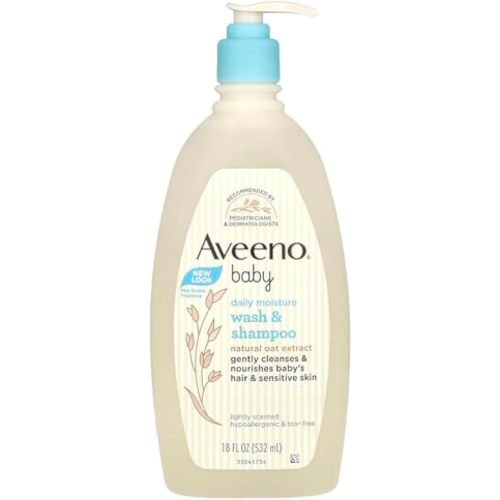 Aveeno Baby Daily Moisture Gentle Body Wash & Shampoo with Oat Extract, 2-in-1 Baby Bath Wash & Hair Shampoo, Tear- & Paraben-Free for Hair & Sensitive Skin, Lightly Scented, 18 fl. oz