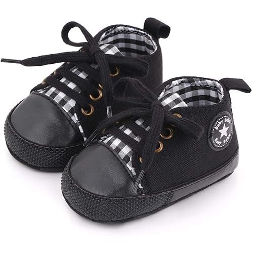 Unisex Baby Soft Sole Sneakers, Canvas Denim High Top, Newborn Infant First Walkers