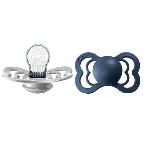 BIBS Supreme Baby Pacifier 2-Pack | Made in Denmark | BPA Free Dummy Soother, Symmetrical Nipple. Silicone, Size 2 (6-18 Months), Cloud / Steel Blue