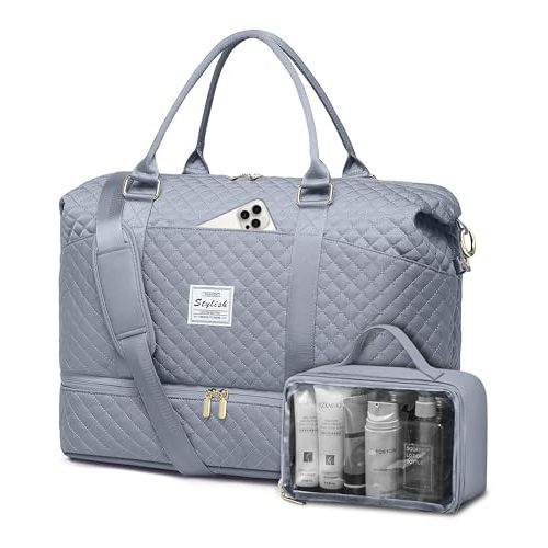 Travel Overnight Bag Weekender Bags- Duffle Bag Women with Shoe Compartment Carry on Overnight Bag with Toiletry Bag Gym Duffel Bag with Wet Pocket Hospital Bags for Labor and Delivery Grey
