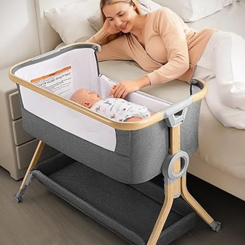 3 in 1 Baby Bassinet Bedside Sleeper, Breathable Mesh Bedside Bassinet for Baby, Easy Assemble & Folding Portable Bassinet, 5 Height Adjustable Bedside Crib with Storage Basket, Mattress, Wheels