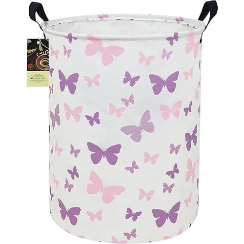 HUNRUNG Laundry Hamper,Large Canvas Fabric Lightweight Storage Basket Toy Organizer Dirty Clothes Collapsible Waterproof for College Dorms(Round-Butterfly)