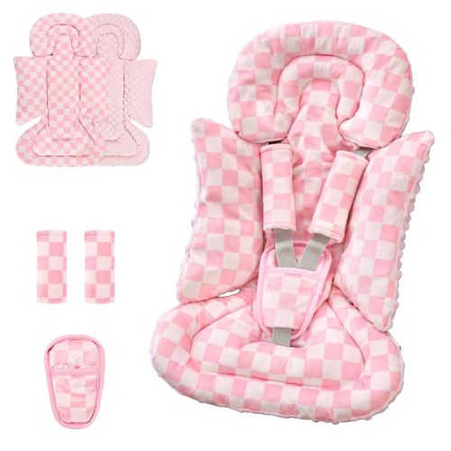 4 in 1 Infant Car Seat Insert, Baby Car Seat Head Body Support for Girls & Boys, Reversible Newborn Car Seat Insert with 3 Extra Strap Paddings, Premature Car Seat Cushion (Pink)