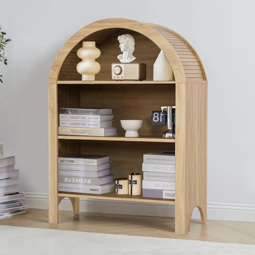 Janmer Home Freestanding Arched Bookcase, Modern 3-Tier Open Bookshelf, Low Short Bookshelf with Adjustable Shelves, Arched Storage Display Cabinet Organizer for Office, Living Room (Natural,1pcs)