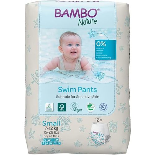 Bambo Nature Hypoallergenic Swim Pants, Eco-Labeled Swim Diapers, Double Leak Barriers - Small (12 Count)