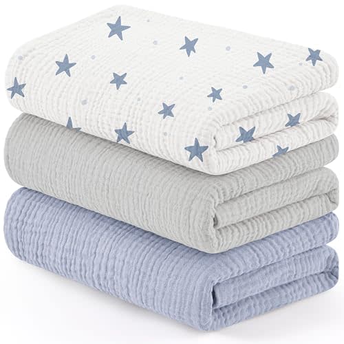 Susurration Muslin Receiving Blanket,100% Cotton Swaddle Blankets for Newborn Soft Thin Swaddle for Unisex Newborn 38x40inch (Blue-Gray)