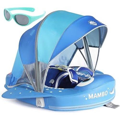 Mambobaby Float with Canopy and Tail New Upgraded Non-Inflatable Baby Pool Float Mambo Float Swim Trainer Solid Infant Swim Float Adjustable Pearl Foam Baby Swim Ring