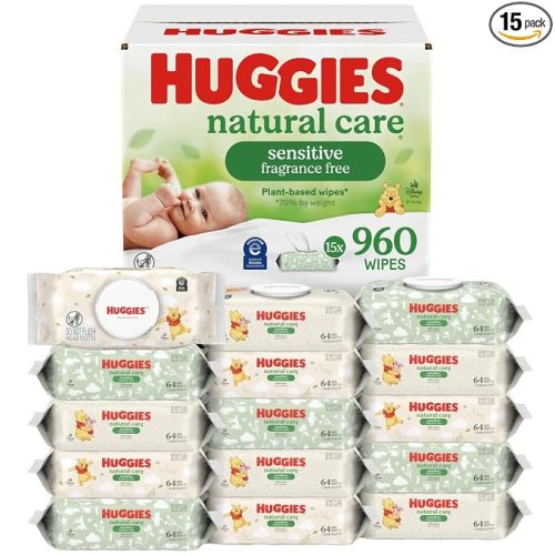 Huggies Natural Care Sensitive Baby Wipes, Unscented, Hypoallergenic, 99% Purified Water, 15 Flip-Top Packs (960 Wipes Total)