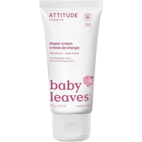 ATTITUDE Natural Zinc Diaper Cream | EWG VERIFIED, Hypoallergenic, Dermatologist Tested and Fragrance-Free Diaper Rash Cream | Blocks Moisture, Prevents Irritation | Baby leaves (2,6 Fluid Ounce)