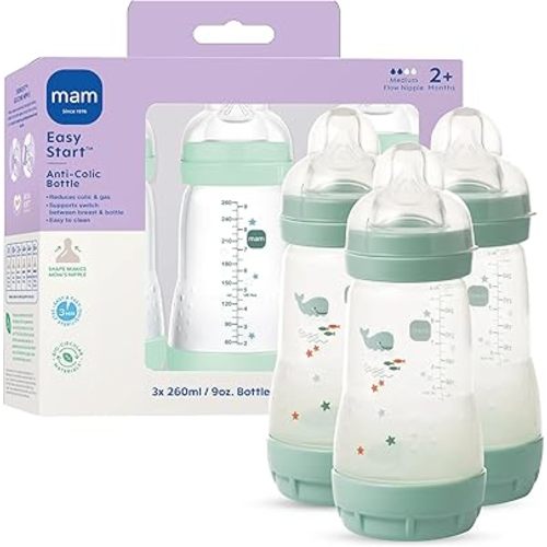 MAM 9oz Easy Start Anti-Colic Wide Neck Vented Baby Bottle, Medium Flow Breastfeeding-Like Nipple, Reduces Colic Gas & Reflux, Easy to Clean, BPA Free, 2+ Months, Made in Europe, 3 Pack