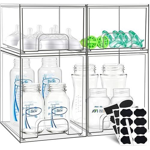 Baby Bottle Organizer, Stackable Storage Drawers with Chalkboard Labels, Clear Station Organizer Container for Bottles, Pacifiers, Pump Parts, Baby Bottle Organizers for Countertop and Cabinet, 4 Pack