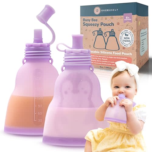 Everusely Leakproof Silicone Reusable Baby Food Pouches, BPA-Free, Dishwasher Safe, Spill-Proof Baby Food Pouches Refillable, Reusable Pouches for Toddlers, Reusable Applesauce Pouches