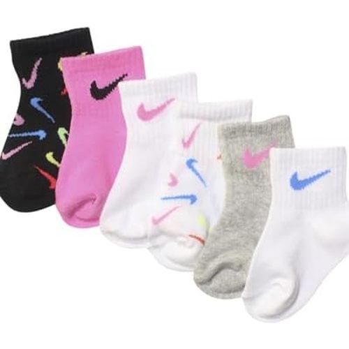 Nike Little Girls Swoosh Ankle Socks 6-Pack Set – Soft Cotton Blend, Stretch Fit & Breathable Design for Everyday Comfort